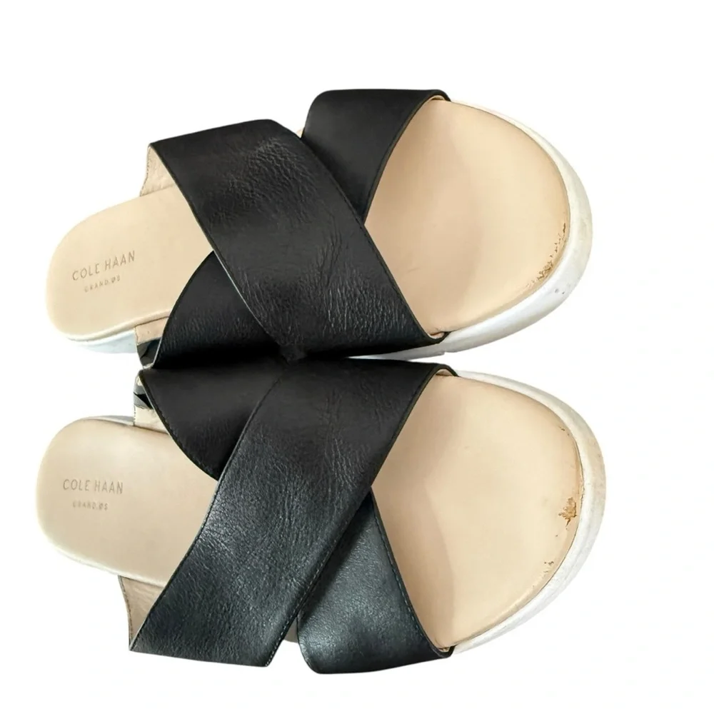 Cole Haan Women's Grand.OS Criss Cross Black Leather Slide Sandals 8.5